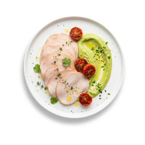 Affettato di fesa di pollo con salsa avocado e pomodorini confit