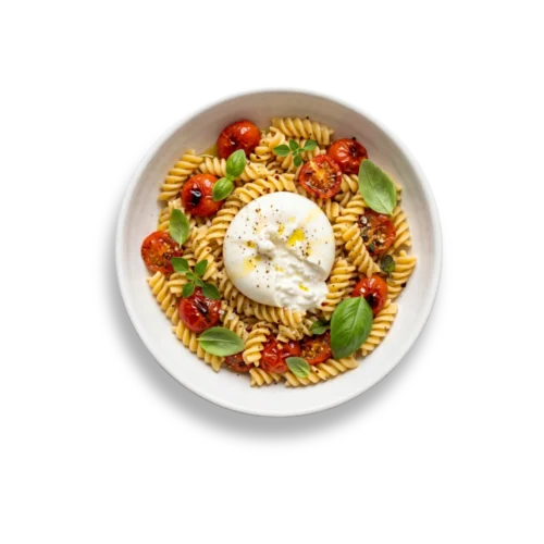 Fusilli con pomodorini confit, burrata e basilico