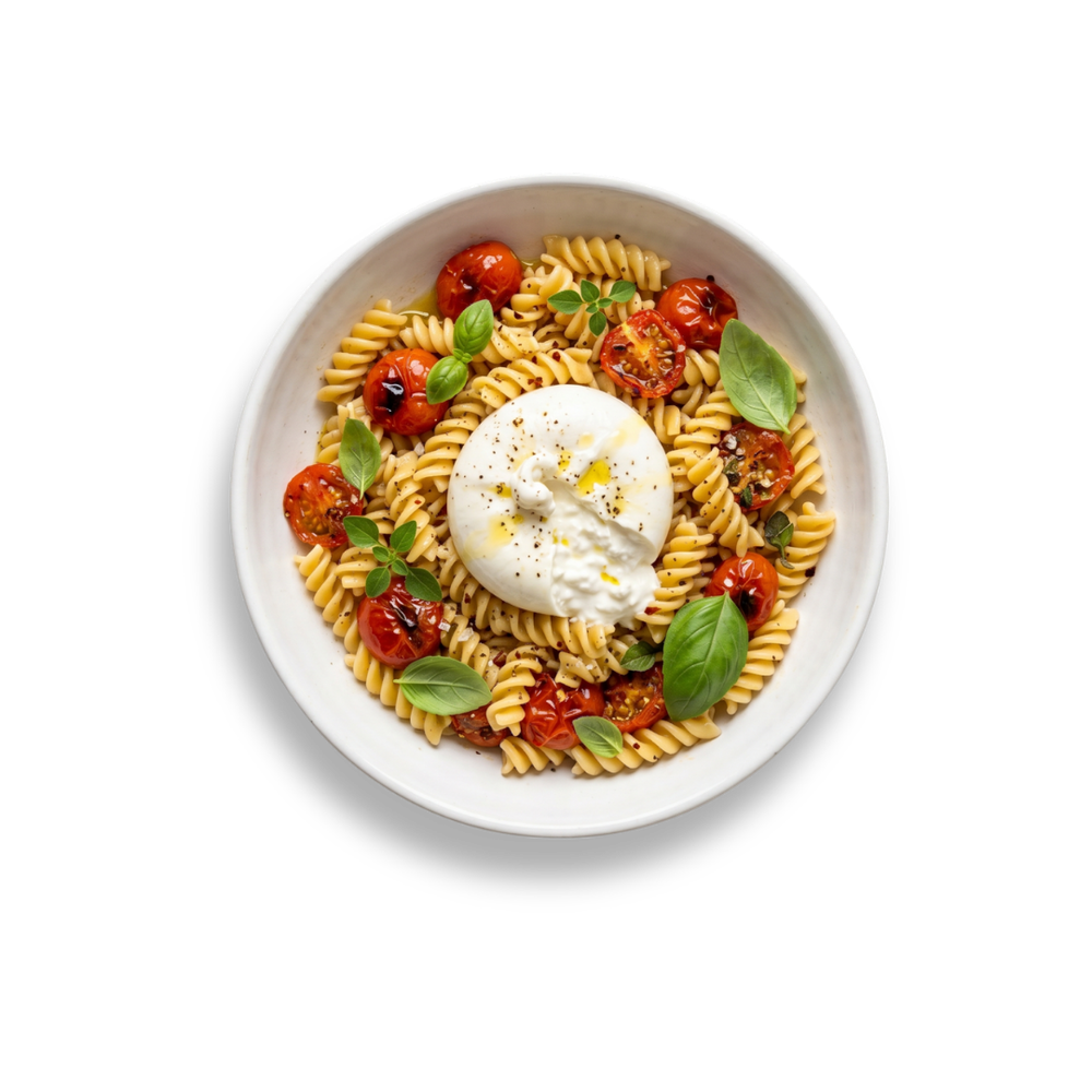 Fusilli con pomodorini confit, burrata e basilico