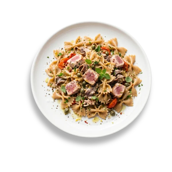 Farfalle integrali con tonno fresco, acciughe, capperi e origano