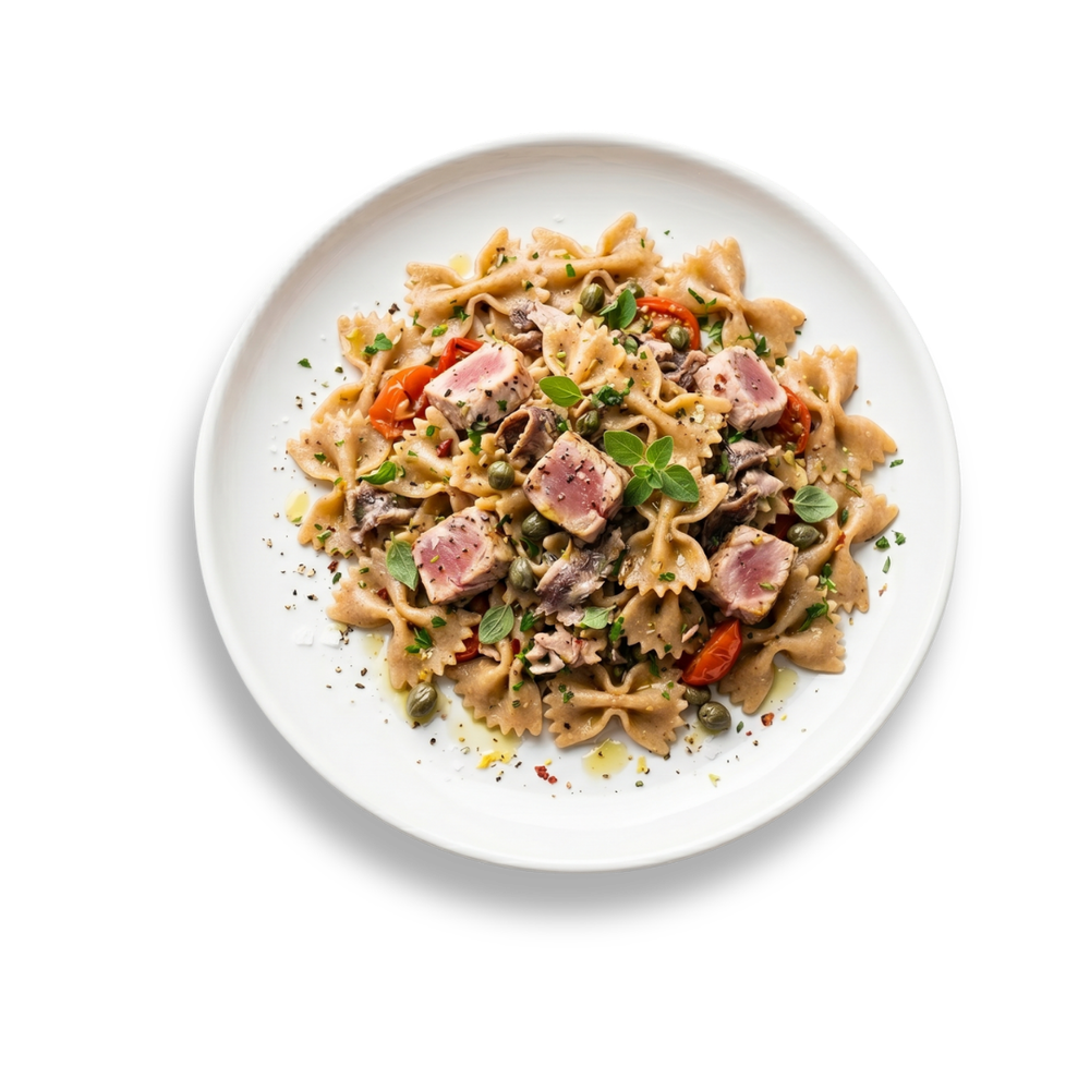 Farfalle integrali con tonno fresco, acciughe, capperi e origano