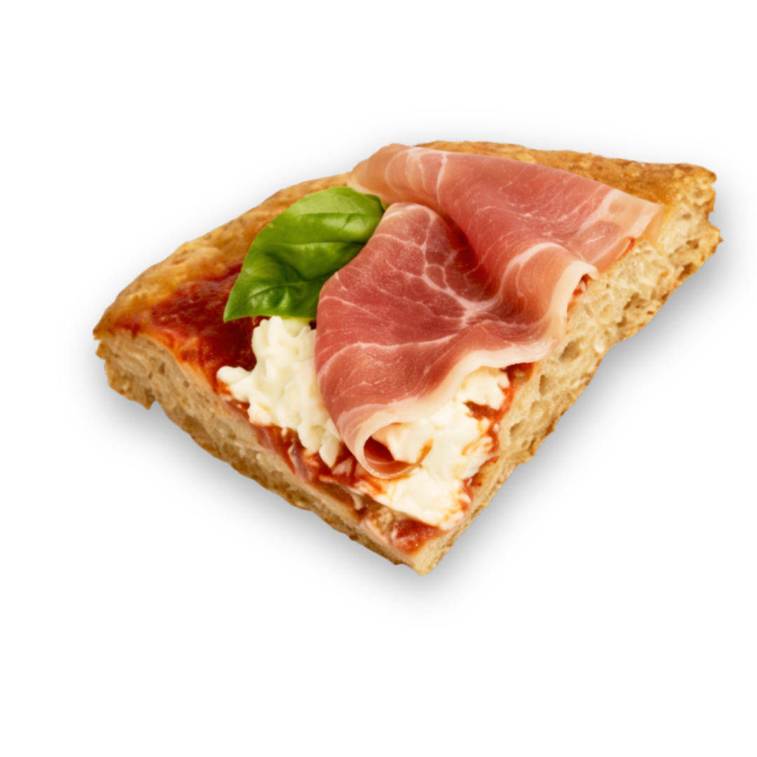 Focaccia pomodoro, stracchino e prosciutto crudo di Parma